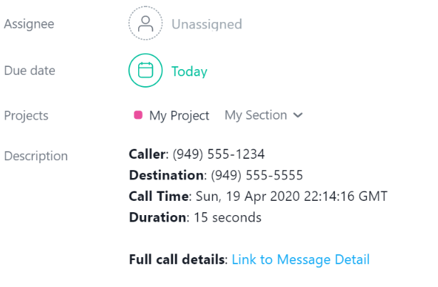 Screenshot of Asana Integration voicemail log