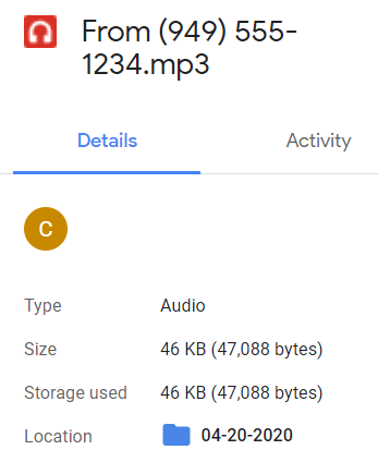 Screenshot of Google Drive Integration voicemail log